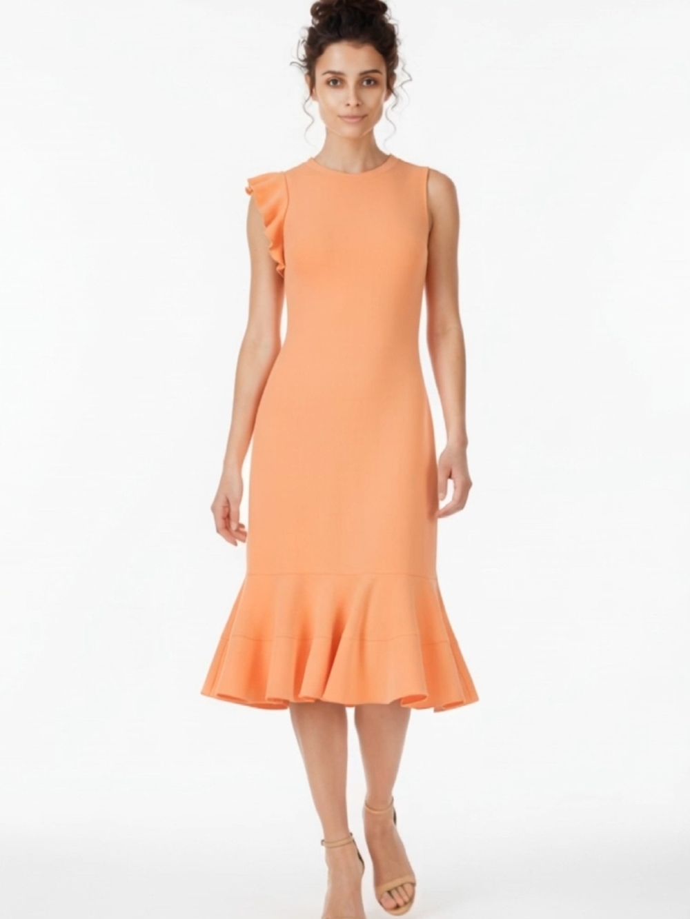 Sleeveless Ruffle-Shoulder Midi Dress in Peach Size M - Picture 7 of 17